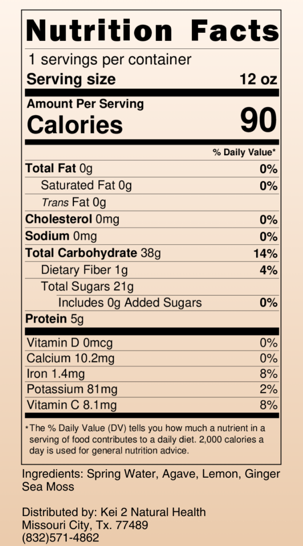nutritional facts- ginger lemonade- sea moss infused