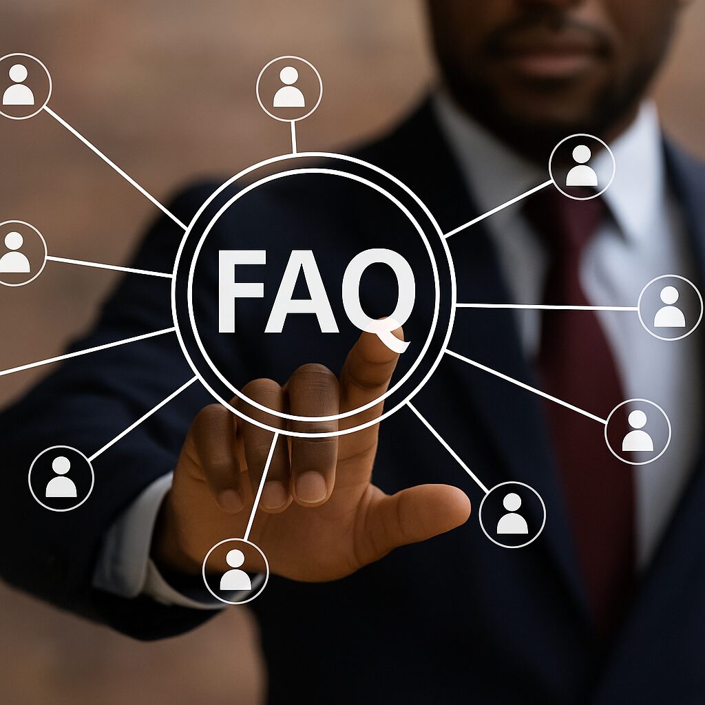 African American businessperson in a suit pointing at a glowing digital Kei 2 Natural Health FAQ icon surrounded by connected user icons, symbolizing customer support and frequently asked questions
